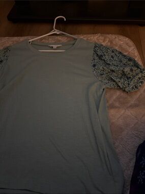 LC Lauren Conrad Sage Green Knit Top with Floral Puff Sleeves